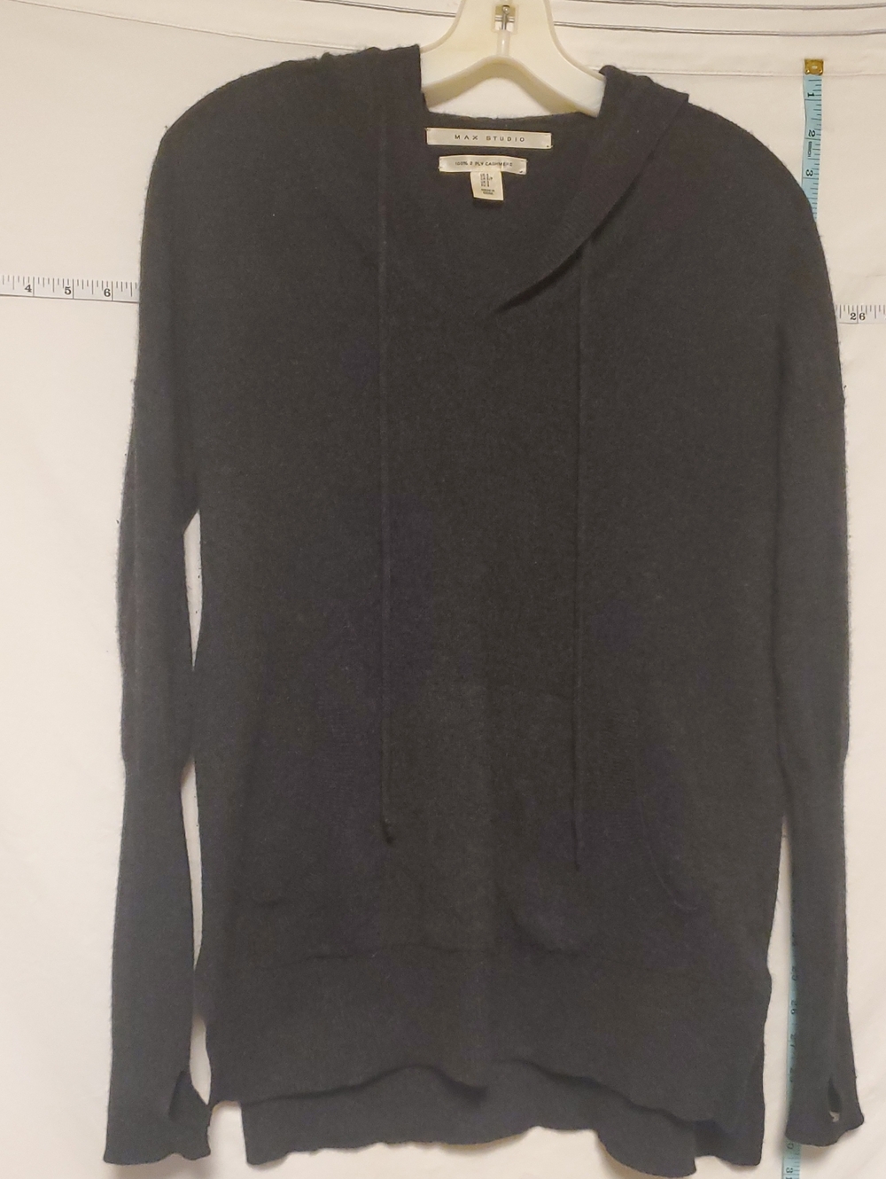 Max Studio Womens Dark Gray Cashmere Sweater Sm Thumb Hole Kangaroo Pocket